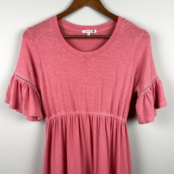 Anthropologie Sundry 1 Maxi Dress Small Pink Tiered Peasant Ruffle Short Sleeve - Picture 5 of 12